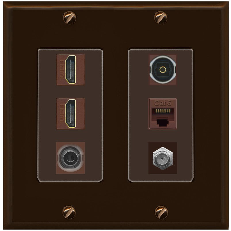 2 Port HDMI 1 Coax CAT6 3.5mm Toslink Jack Wall Plate - 2 Gang [Brown/Brown]