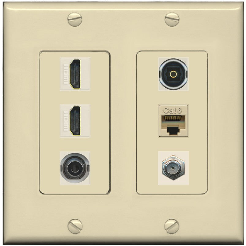 2 Port HDMI 1 Coax CAT6 3.5mm Toslink Jack Wall Plate - 2 Gang [Ivory/Ivory]
