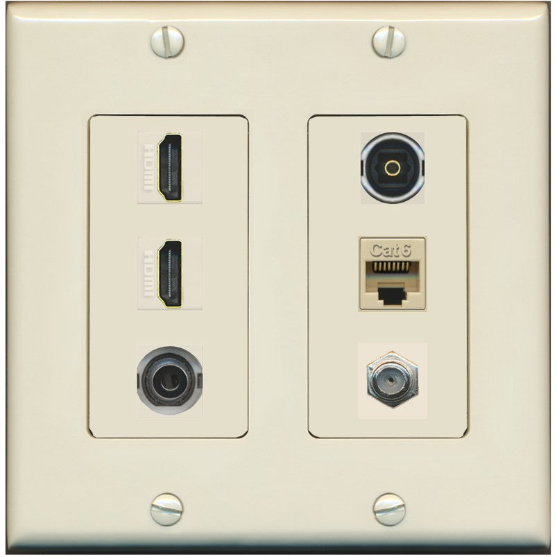 2 Port HDMI 1 Coax CAT6 3.5mm Toslink Jack Wall Plate - 2 Gang [Light-Almond]