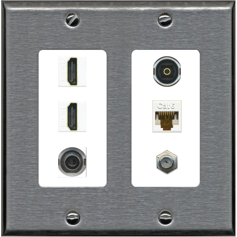2 Port HDMI 1 Coax CAT6 3.5mm Toslink Jack Wall Plate - 2 Gang [Stainless/White]