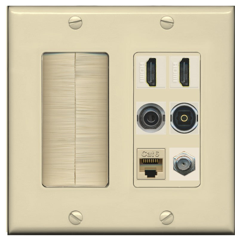 2 Port HDMI 1 Coax CAT6 3.5mm Toslink Jack Wall Plate - Brush [Ivory/Ivory]