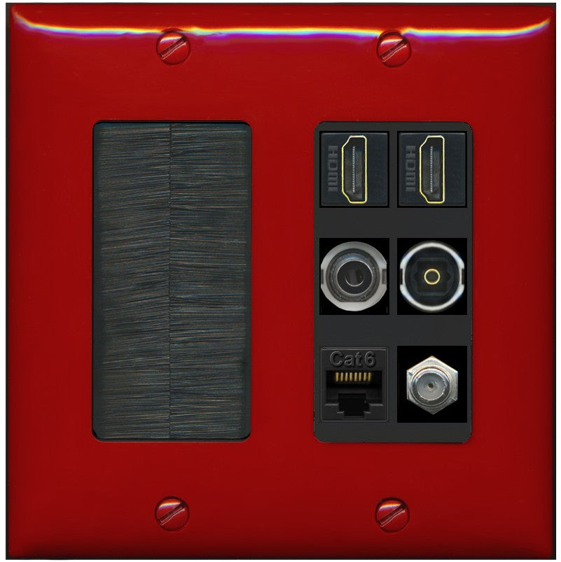 2 Port HDMI 1 Coax CAT6 3.5mm Toslink Jack Wall Plate - Brush [Red/Black]