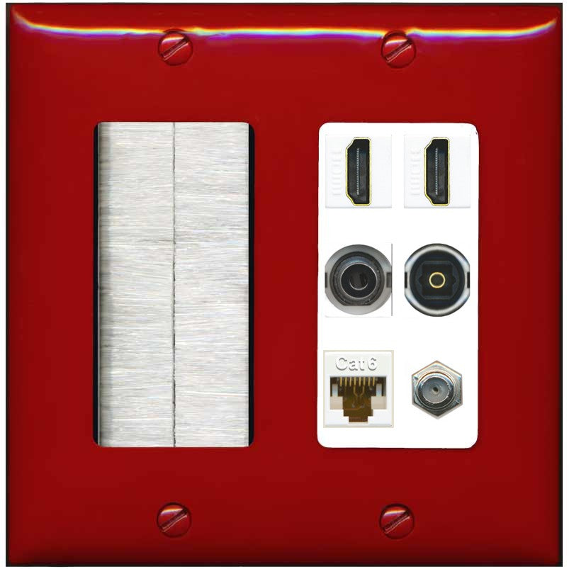 2 Port HDMI 1 Coax CAT6 3.5mm Toslink Jack Wall Plate - Brush [Red/White]