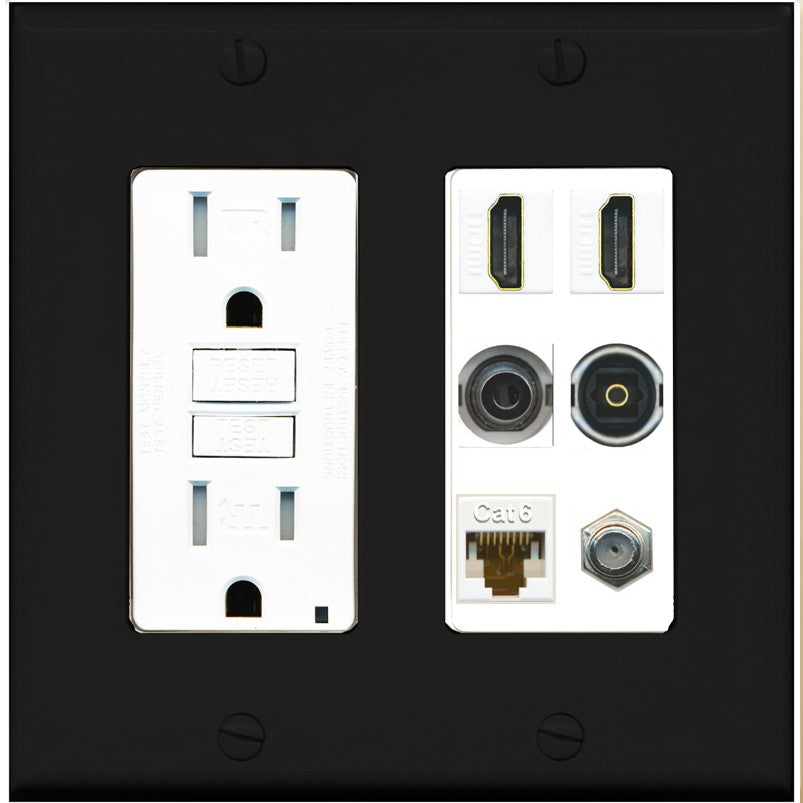 2 Port HDMI 1 Coax CAT6 3.5mm Toslink Jack Wall Plate - GFCI Outlet [Black/White]