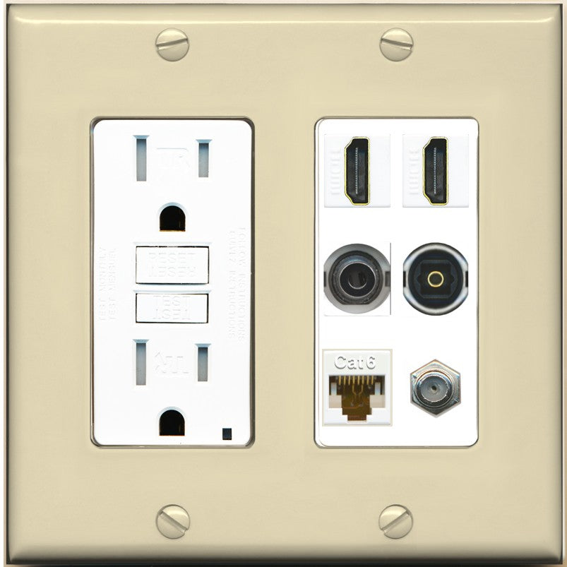 2 Port HDMI 1 Coax CAT6 3.5mm Toslink Jack Wall Plate - GFCI Outlet [Ivory/White]