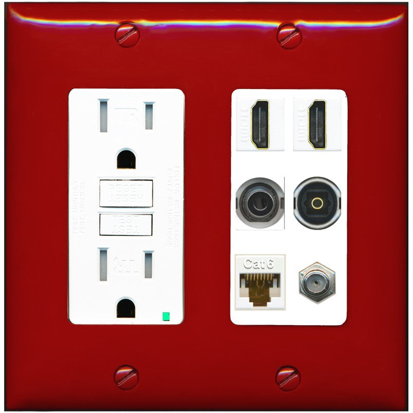 2 Port HDMI 1 Coax CAT6 3.5mm Toslink Jack Wall Plate - GFCI Outlet [Red/White]