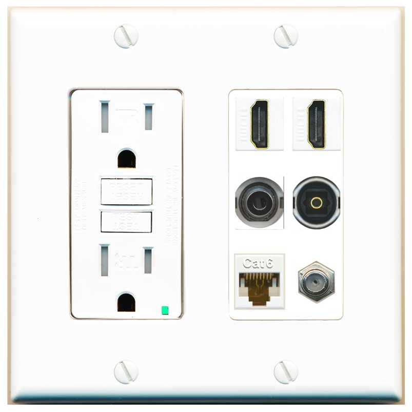 2 Port HDMI 1 Coax CAT6 3.5mm Toslink Jack Wall Plate - GFCI Outlet [White]