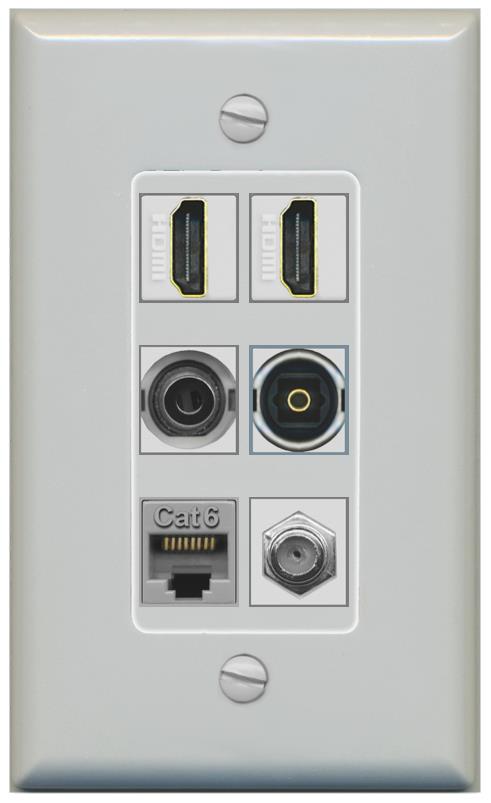 2 Port HDMI 1 Coax CAT6 3.5mm Toslink Jack Wall Plate - 1 Gang [Gray/Gray]