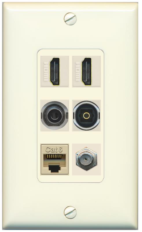 2 Port HDMI 1 Coax CAT6 3.5mm Toslink Jack Wall Plate - 1 Gang [Light-Almond]