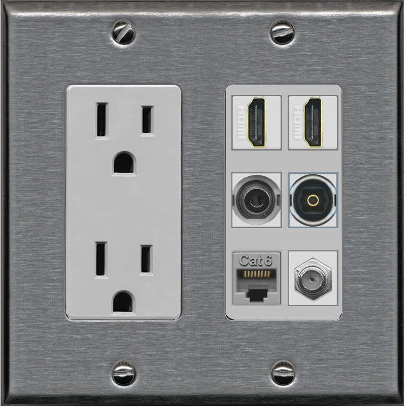 2 Port HDMI 1 Coax CAT6 3.5mm Toslink Jack Wall Plate - Outlet [Stainless/Gray]