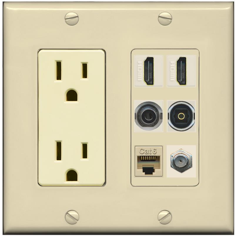 2 Port HDMI 1 Coax CAT6 3.5mm Toslink Jack Wall Plate - Outlet [Ivory/Ivory]