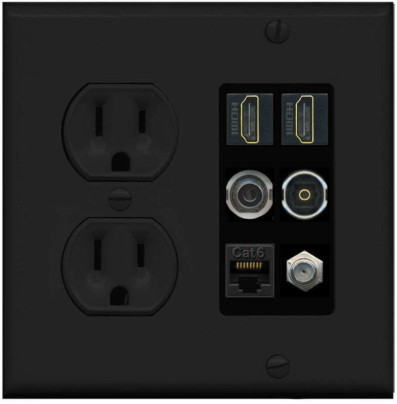 2 Port HDMI 1 Coax CAT6 3.5mm Toslink Jack Wall Plate - Round Outlet [Black/Black]