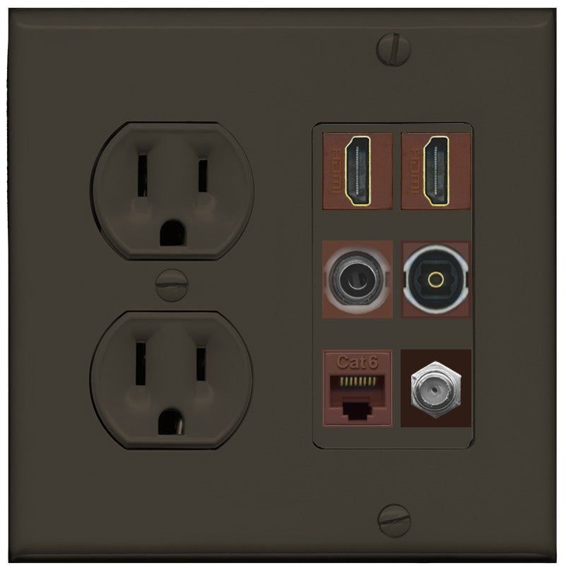 2 Port HDMI 1 Coax CAT6 3.5mm Toslink Jack Wall Plate - Round Outlet [Brown/Brown]