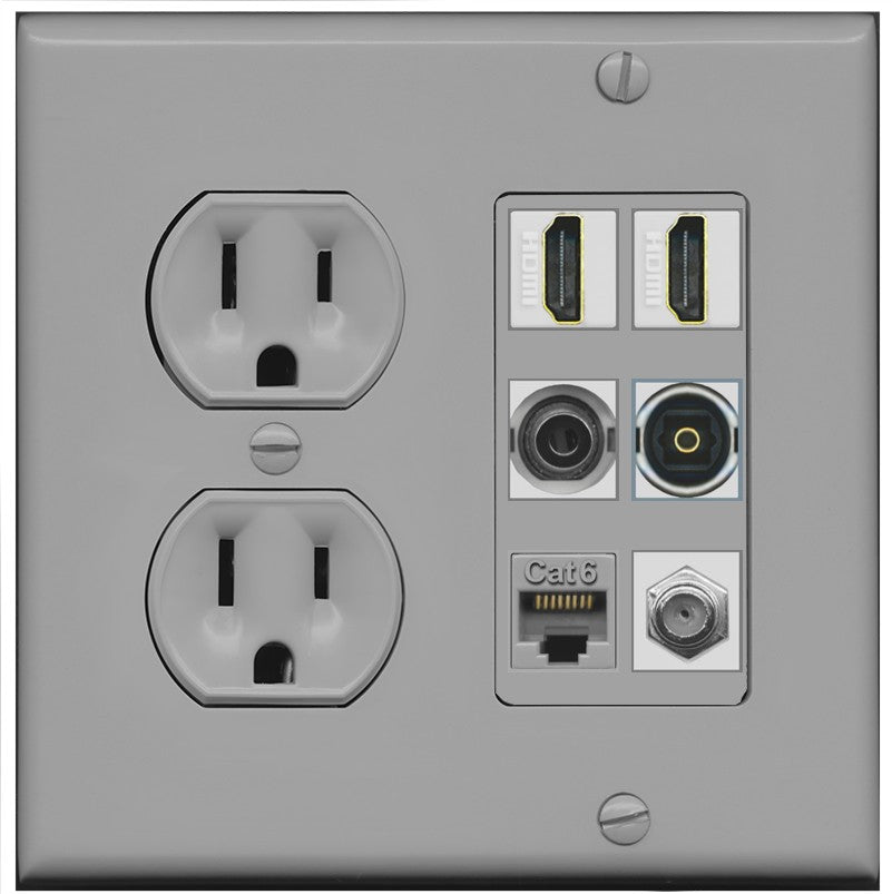2 Port HDMI 1 Coax CAT6 3.5mm Toslink Jack Wall Plate - Round Outlet [Gray/Gray]