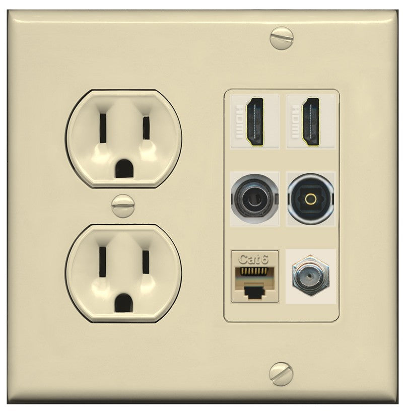 2 Port HDMI 1 Coax CAT6 3.5mm Toslink Jack Wall Plate - Round Outlet [Ivory/Ivory]