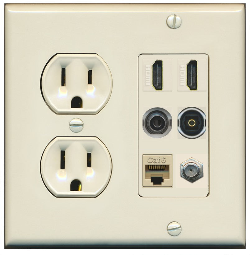 2 Port HDMI 1 Coax CAT6 3.5mm Toslink Jack Wall Plate - Round Outlet [Light-Almond]