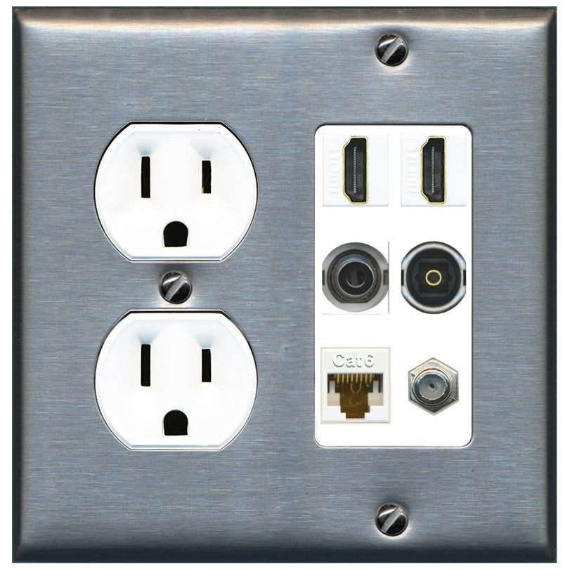 2 Port HDMI 1 Coax CAT6 3.5mm Toslink Jack Wall Plate - Round Outlet [Stainless/White]