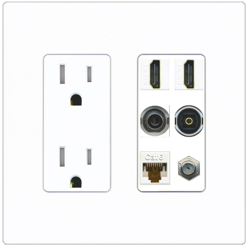 2 Port HDMI 1 Coax CAT6 3.5mm Toslink Jack Wall Plate - Tamper-Resistant Outlet [Screwless White]