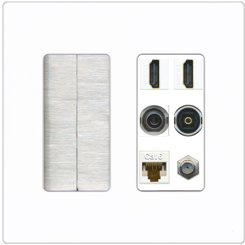 2 Port HDMI 1 Coax CAT6 3.5mm Toslink Jack Wall Plate - Brush [Screwless White]
