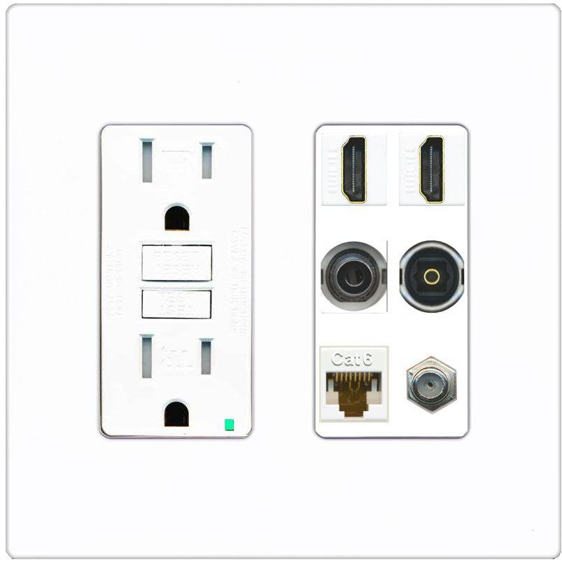 2 Port HDMI 1 Coax CAT6 3.5mm Toslink Jack Wall Plate - GFCI Outlet [Screwless White]