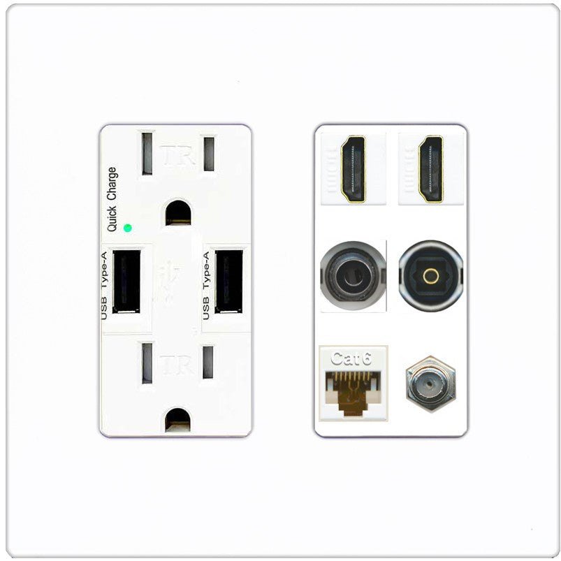 2 Port HDMI 1 Coax CAT6 3.5mm Toslink Jack Wall Plate - USB Outlet [Screwless White]