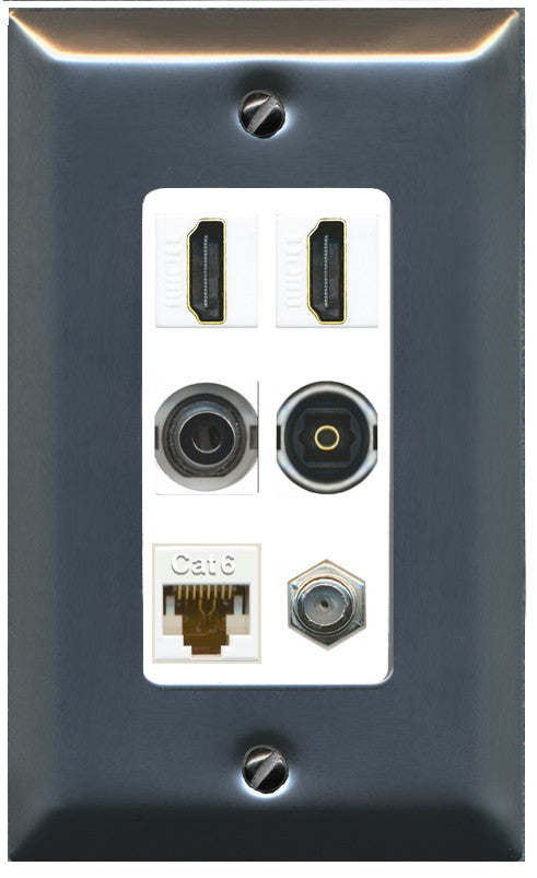 2 Port HDMI 1 Coax CAT6 3.5mm Toslink Jack Wall Plate - 1 Gang Decorative [Stainless/White]