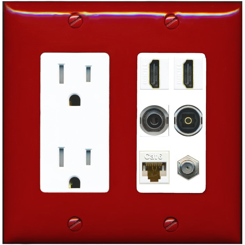 2 Port HDMI 1 Coax CAT6 3.5mm Toslink Jack Wall Plate - Tamper-Resistant Outlet [Red/White]