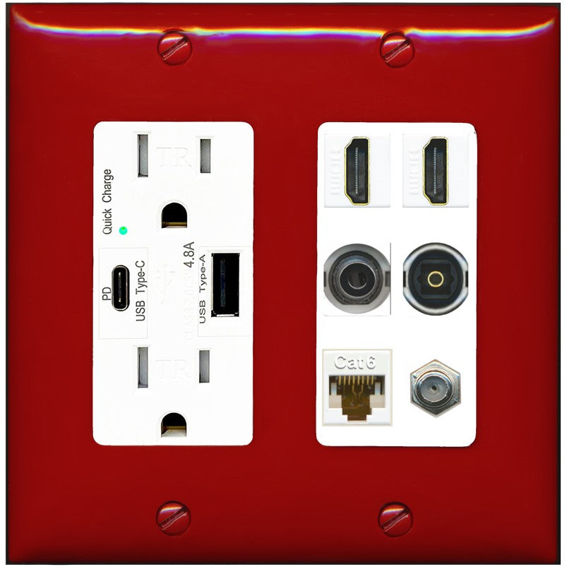 2 Port HDMI 1 Coax CAT6 3.5mm Toslink Jack Wall Plate - USB A+C Outlet [Red/White]