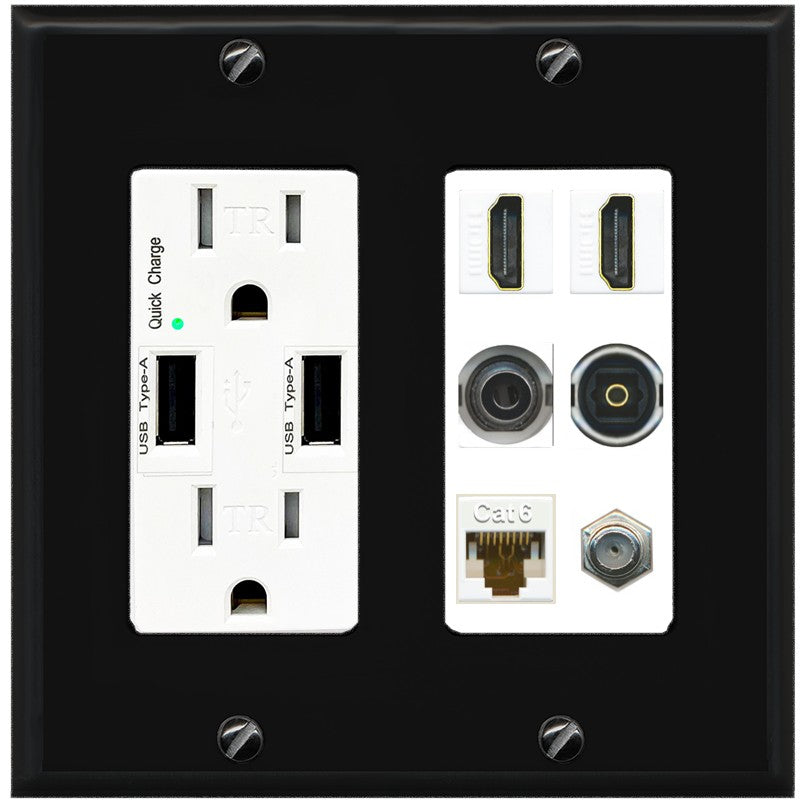 2 Port HDMI 1 Coax CAT6 3.5mm Toslink Jack Wall Plate - USB Outlet [Black/White]