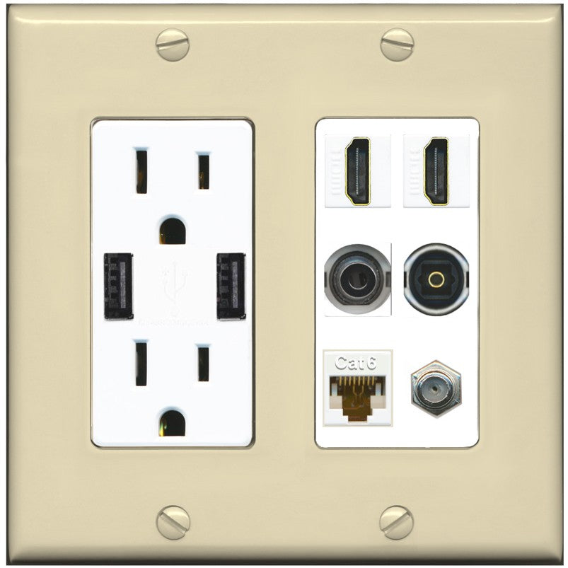 2 Port HDMI 1 Coax CAT6 3.5mm Toslink Jack Wall Plate - USB Outlet [Ivory/White]
