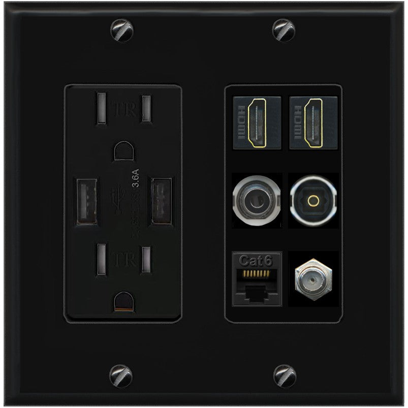 2 Port HDMI 1 Coax CAT6 3.5mm Toslink Jack Wall Plate - USB Outlet [Black/Black]