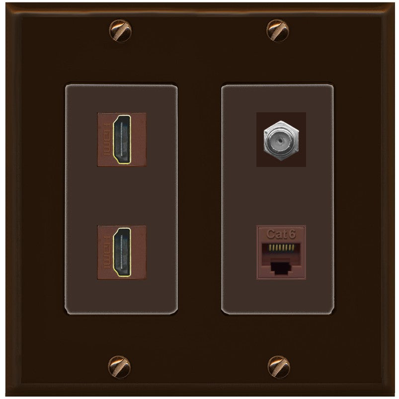 RiteAV 1 Port CAT6 Coax 2 HDMI Jack Wall Plate - 2 Gang [Brown/Brown]