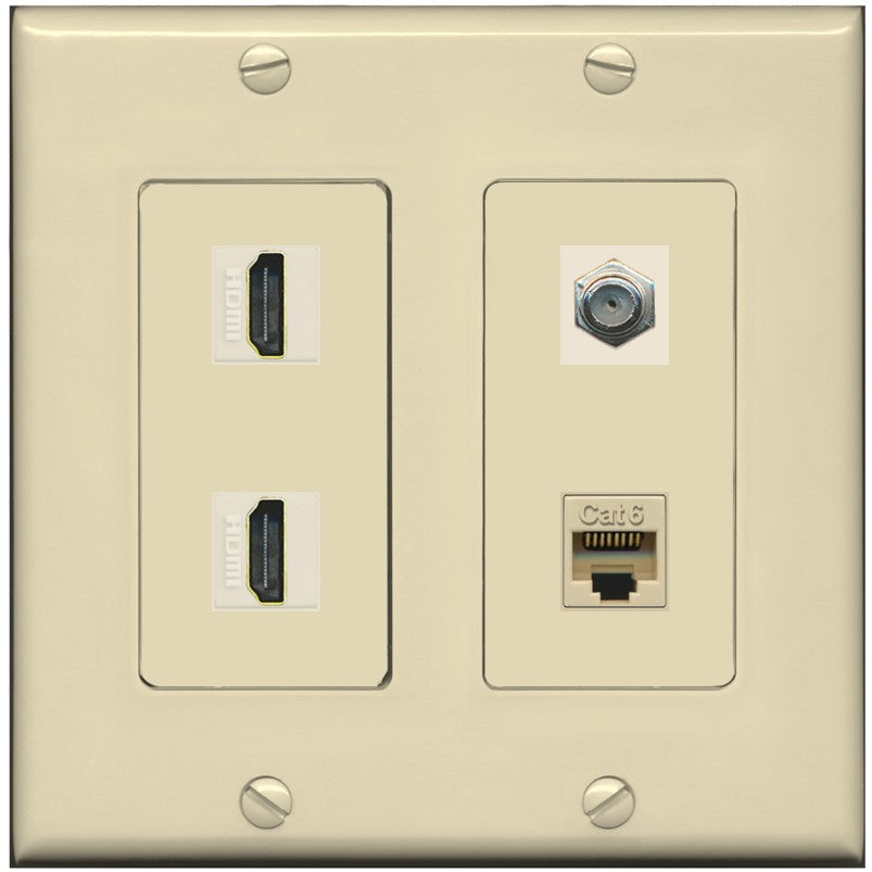 RiteAV 1 Port CAT6 Coax 2 HDMI Jack Wall Plate - 2 Gang [Ivory/Ivory]