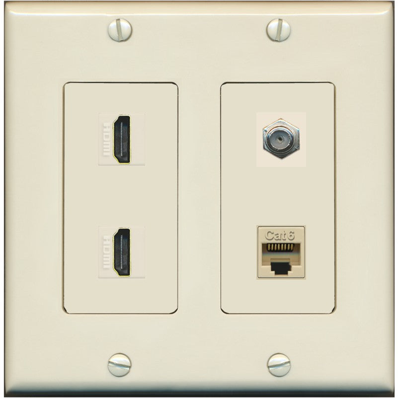 RiteAV 1 Port CAT6 Coax 2 HDMI Jack Wall Plate - 2 Gang [Light-Almond]