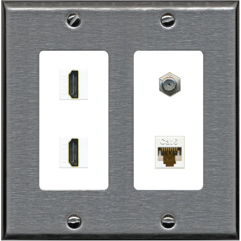 RiteAV 1 Port CAT6 Coax 2 HDMI Jack Wall Plate - 2 Gang [Stainless/White]