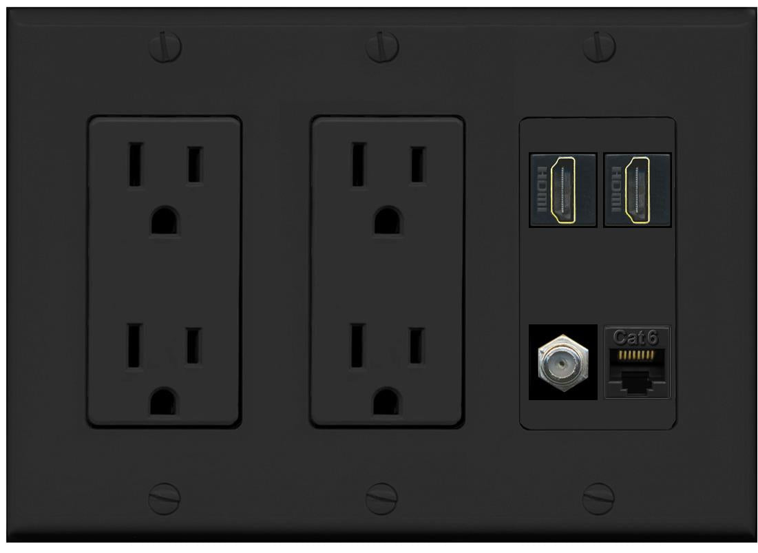 RiteAV 1 Port CAT6 COAX 2 HDMI Jack Wall Plate - 2 Outlet [Black/Black]