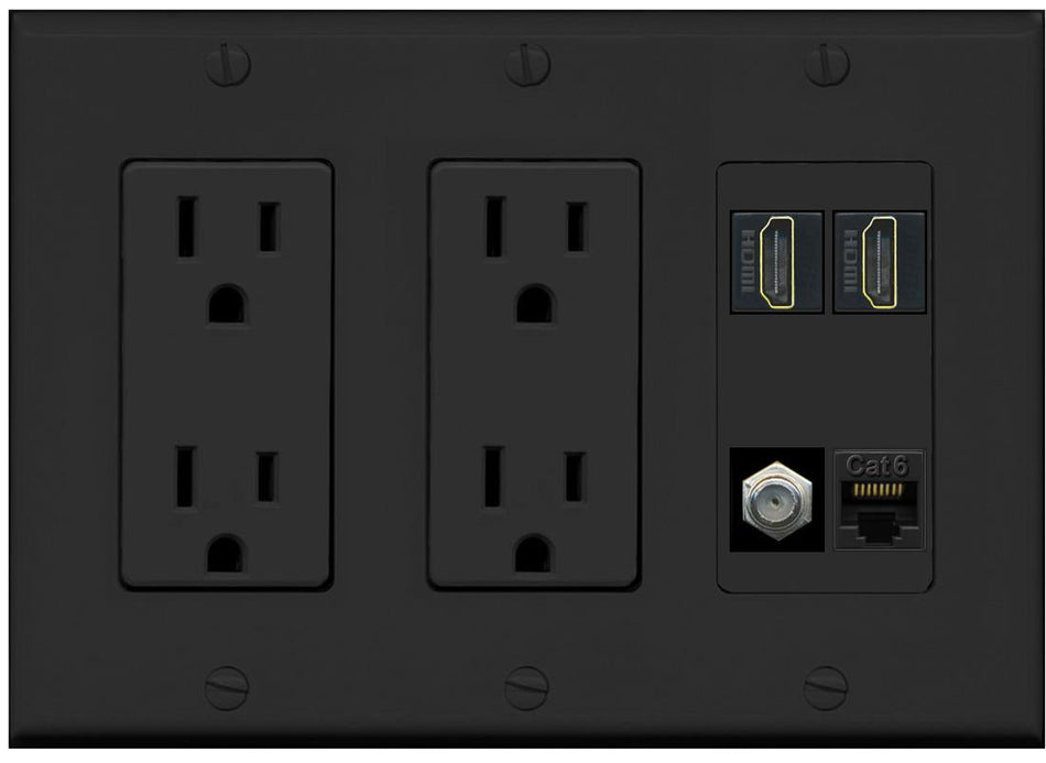 RiteAV 1 Port CAT6 COAX 2 HDMI Jack Wall Plate - 2 Outlet [Black/Black]