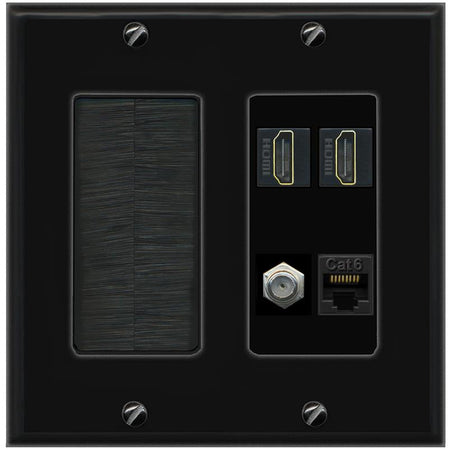 RiteAV 1 Port CAT6 COAX 2 HDMI Jack Wall Plate - Brush [Black/Black]
