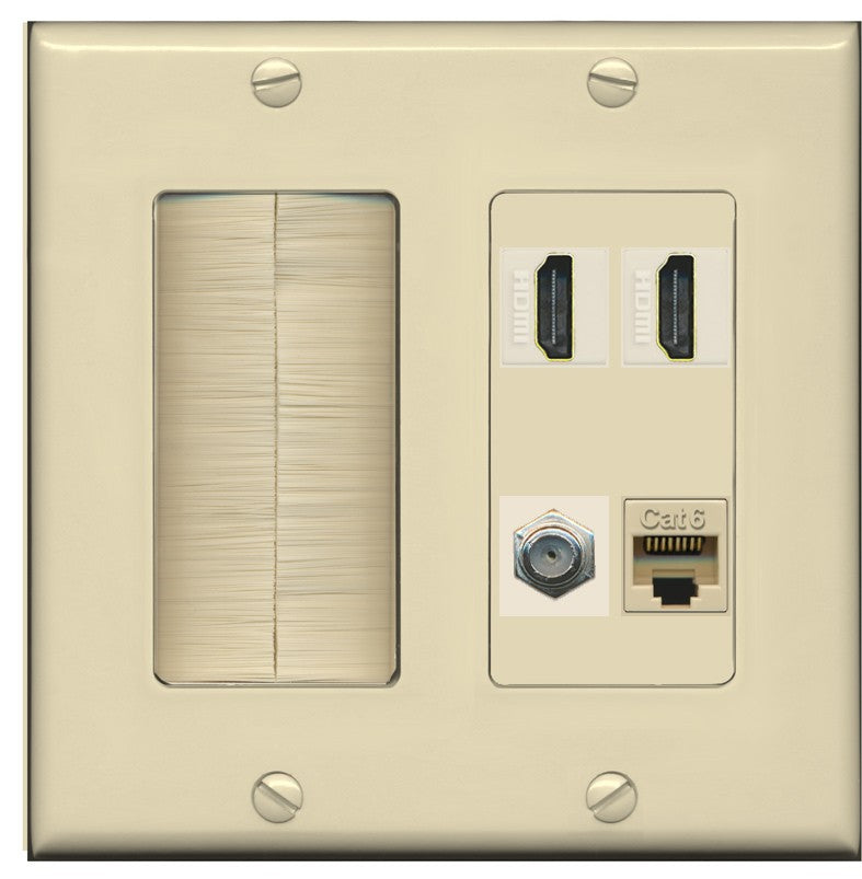 RiteAV 1 Port CAT6 Coax 2 HDMI Jack Wall Plate - Brush [Ivory/Ivory]
