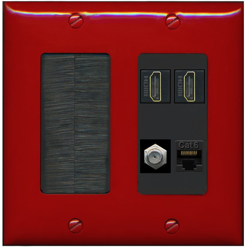 RiteAV 1 Port CAT6 Coax 2 HDMI Jack Wall Plate - Brush [Red/Black]