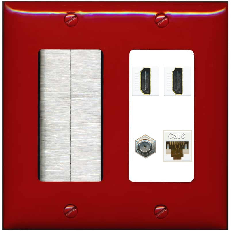 RiteAV 1 Port CAT6 Coax 2 HDMI Jack Wall Plate - Brush [Red/White]