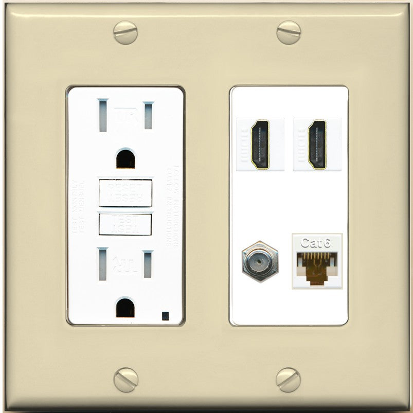 RiteAV 1 Port CAT6 Coax 2 HDMI Jack Wall Plate - GFCI Outlet [Ivory/White]