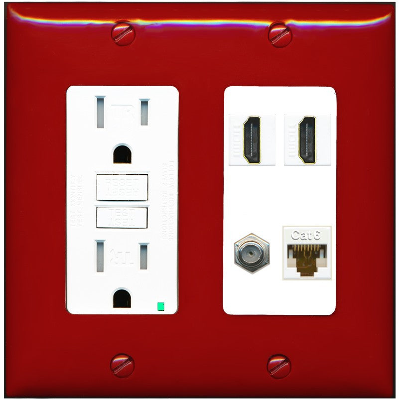 RiteAV 1 Port CAT6 Coax 2 HDMI Jack Wall Plate - GFCI Outlet [Red/White]