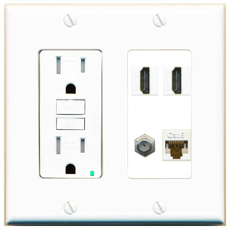 RiteAV 1 Port CAT6 Coax 2 HDMI Jack Wall Plate - GFCI Outlet [White]