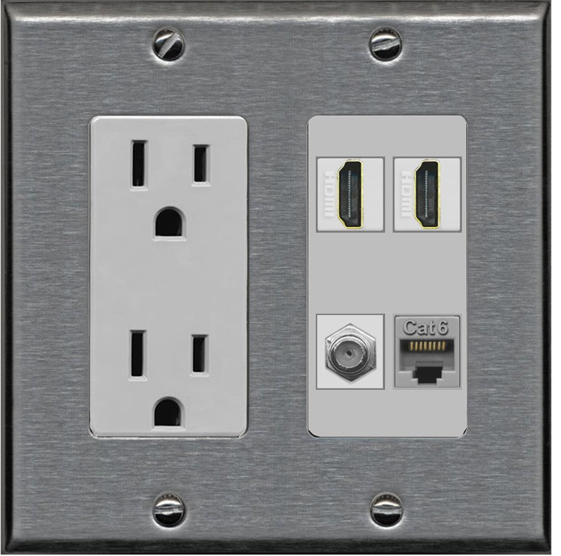 RiteAV 1 Port CAT6 Coax 2 HDMI Jack Wall Plate - Outlet [Stainless/Gray]
