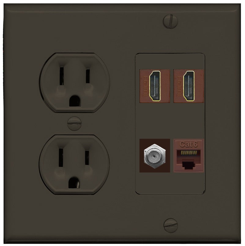 RiteAV 1 Port CAT6 Coax 2 HDMI Jack Wall Plate - Round Outlet [Brown/Brown]