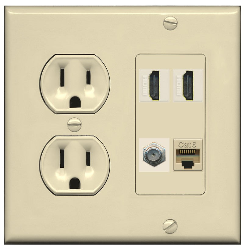 RiteAV 1 Port CAT6 Coax 2 HDMI Jack Wall Plate - Round Outlet [Ivory/Ivory]
