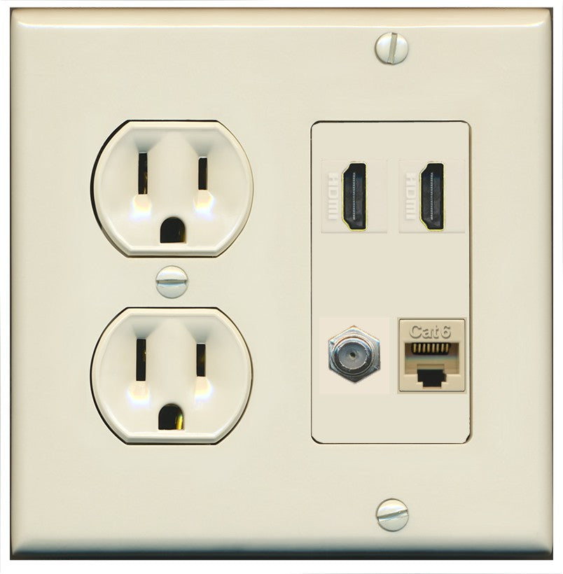 RiteAV 1 Port CAT6 Coax 2 HDMI Jack Wall Plate - Round Outlet [Light-Almond]