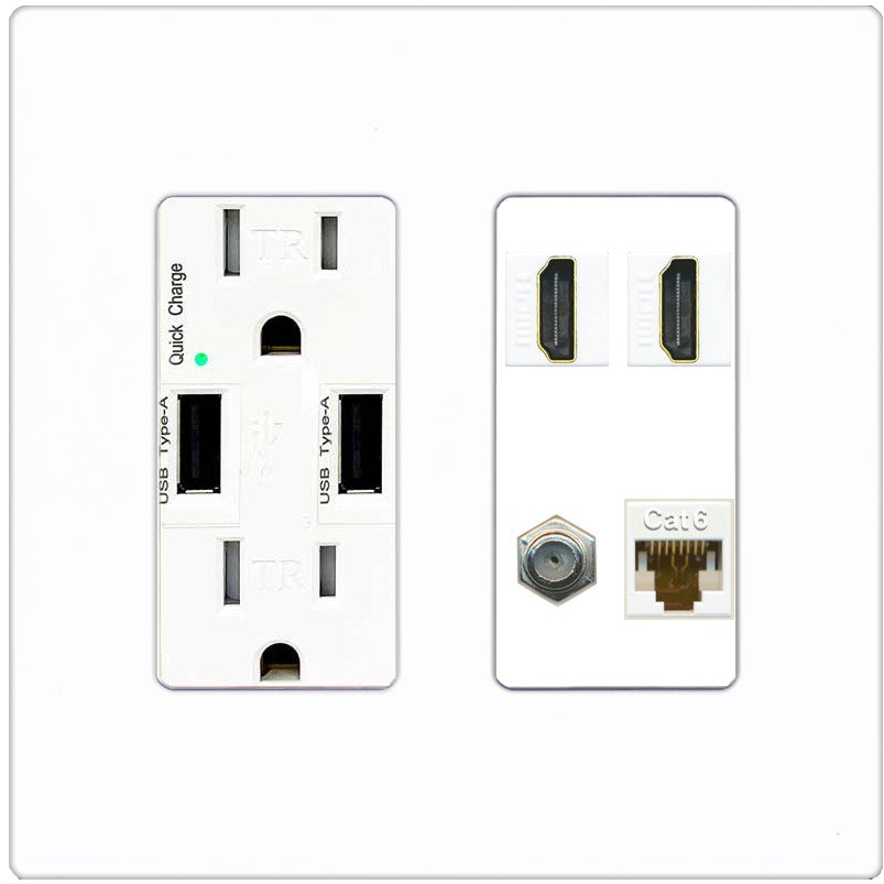 RiteAV 1 Port CAT6 Coax 2 HDMI Jack Wall Plate - USB Outlet [Screwless White]
