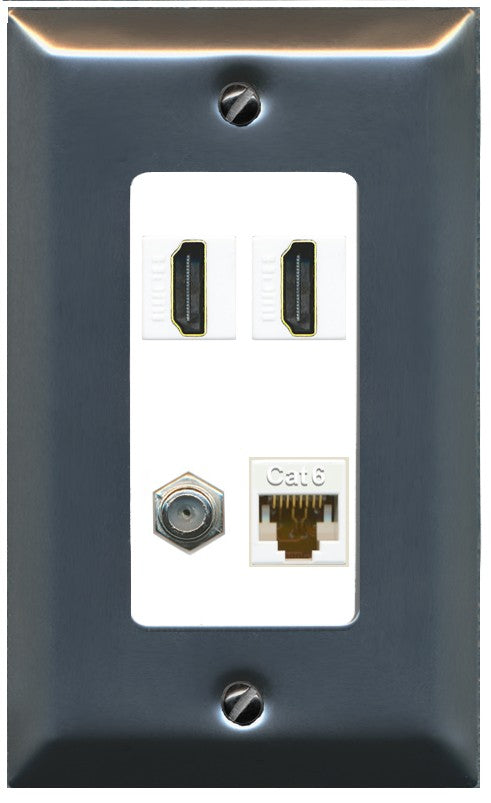 RiteAV 1 Port CAT6 Coax 2 HDMI Jack Wall Plate - 1 Gang Decorative [Stainless/White]